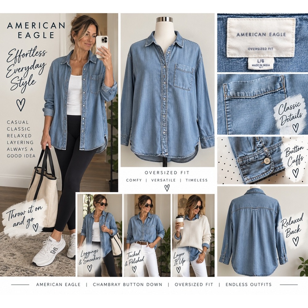 American Eagle Oversized Chambray Shirt L Blue Denim Button Down Boyfriend Top